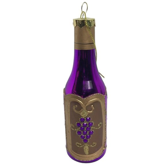 Wine Bottle Christmas Holiday Glass Ornament With Stones Purple Gold Glitter 6" - Picture 1 of 12
